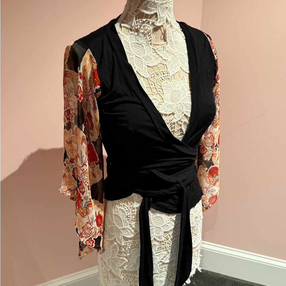 Black Wrap Top with Floral Sheer Sleeves